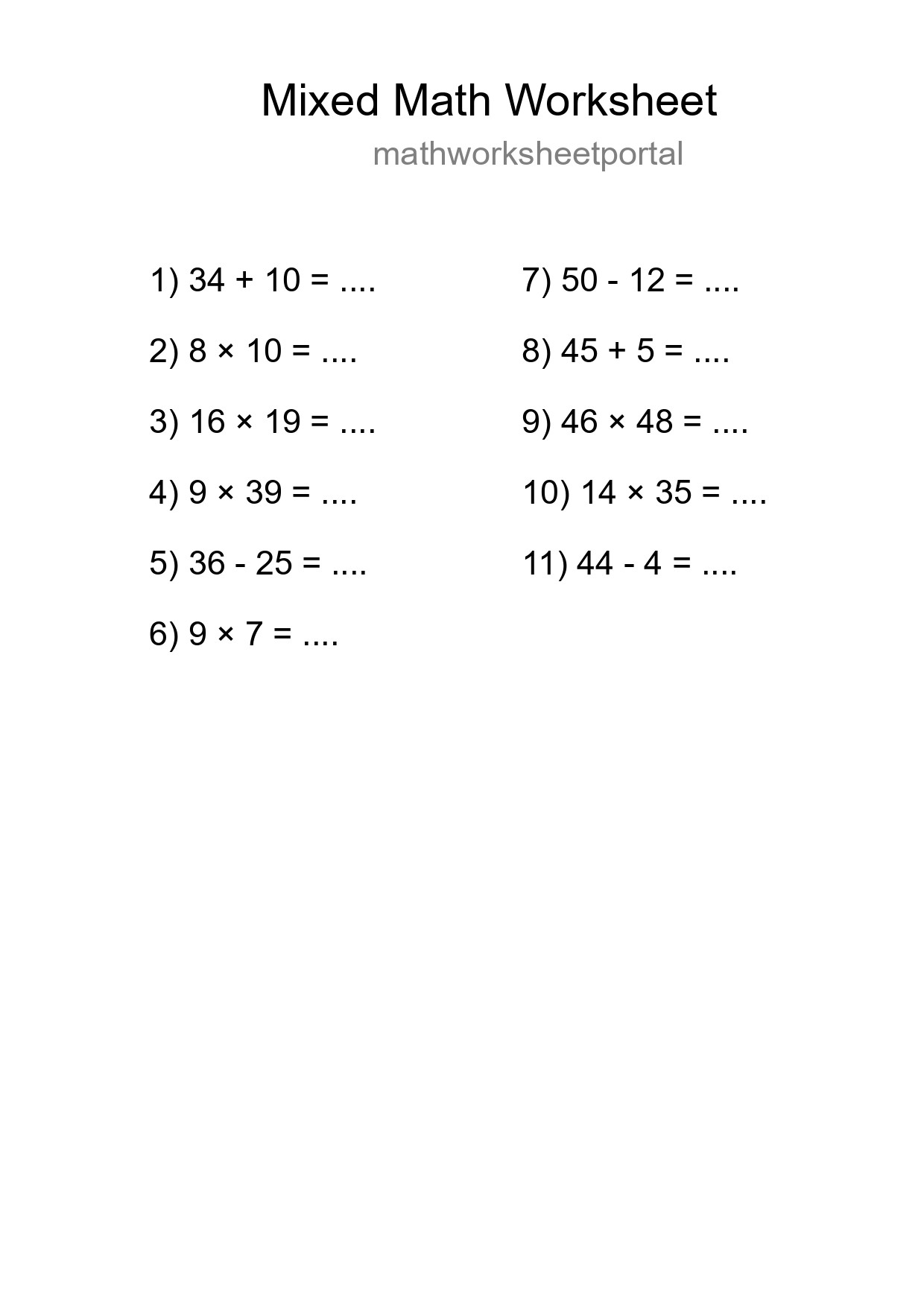 Mixed Operations Math Worksheet