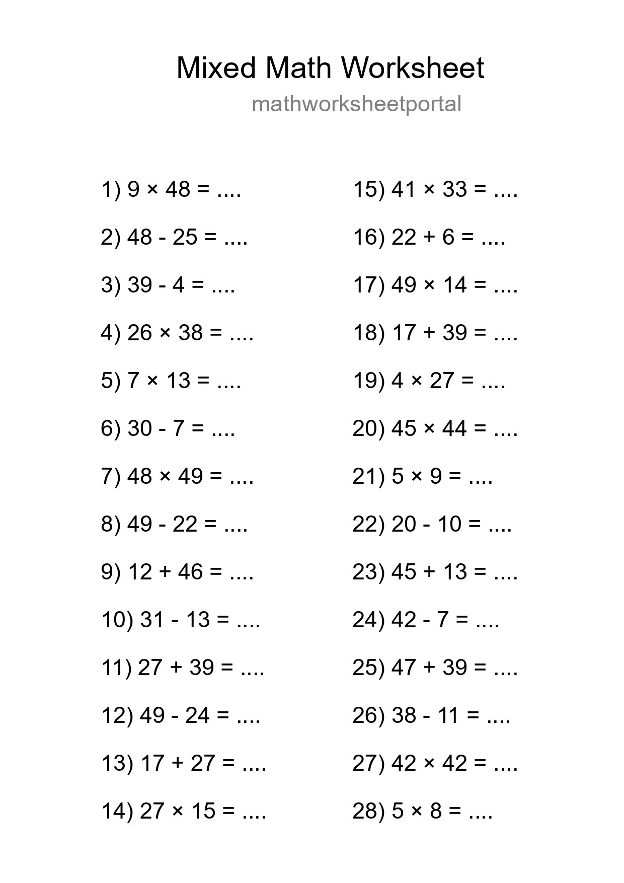 Mixed Operations Math Worksheet