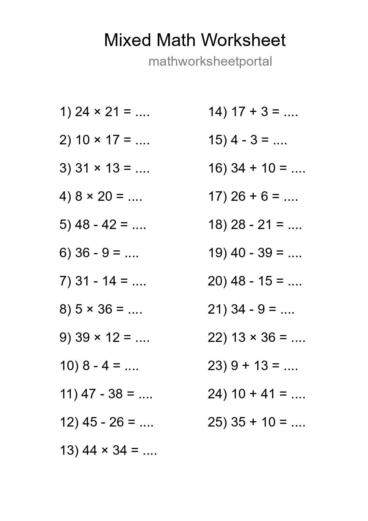 Mixed Operations Math Worksheet