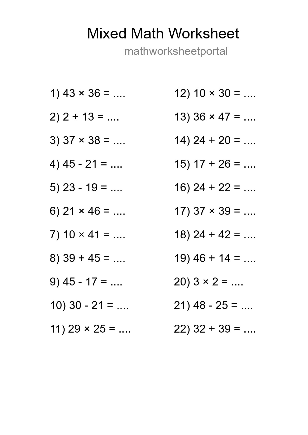 Mixed Operations Math Worksheet