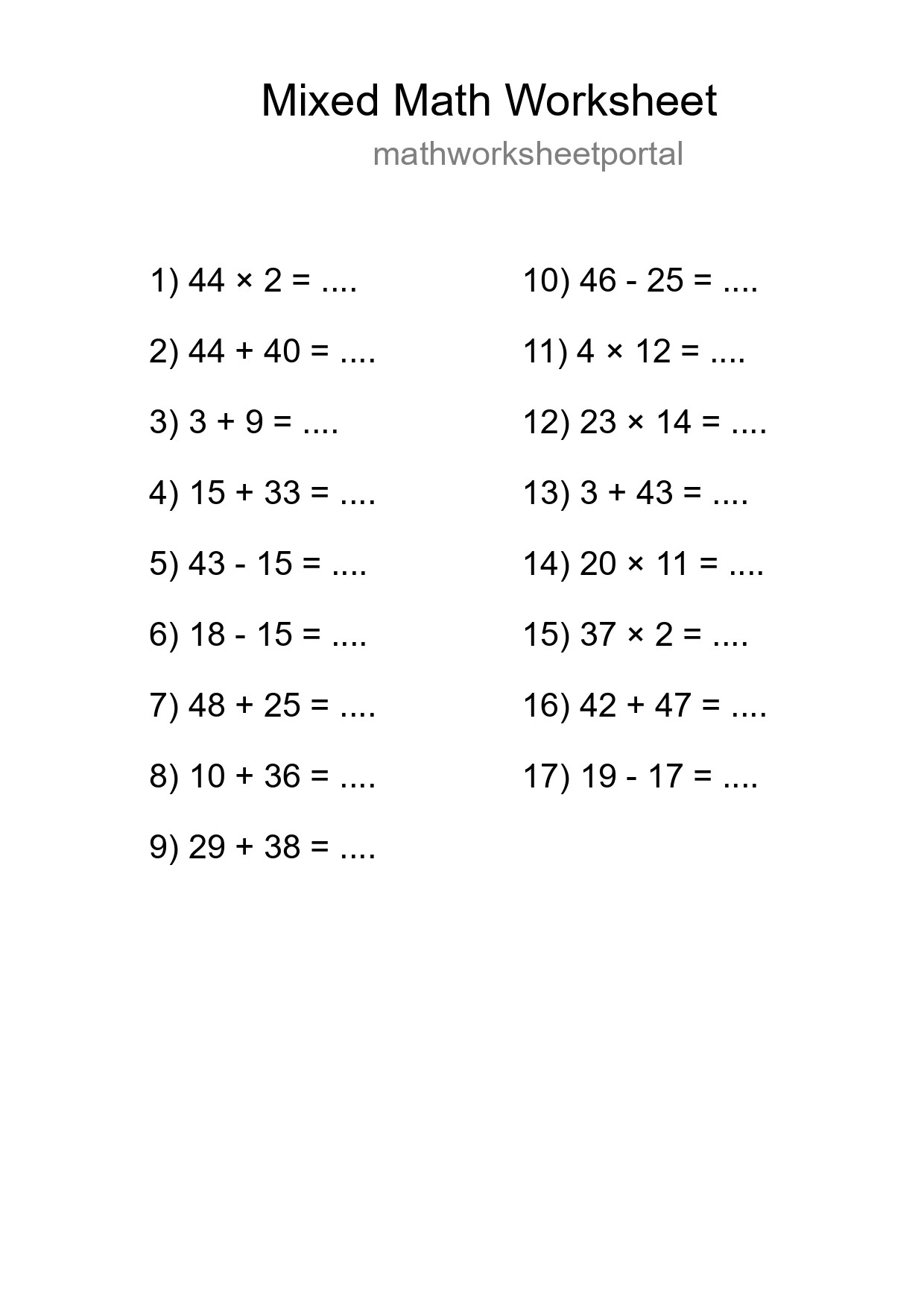 Mixed Operations Math Worksheet
