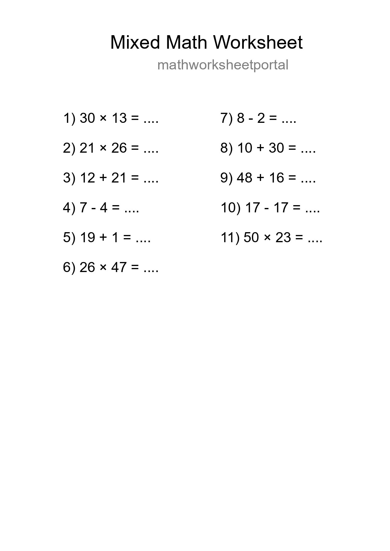 Mixed Operations Math Worksheet