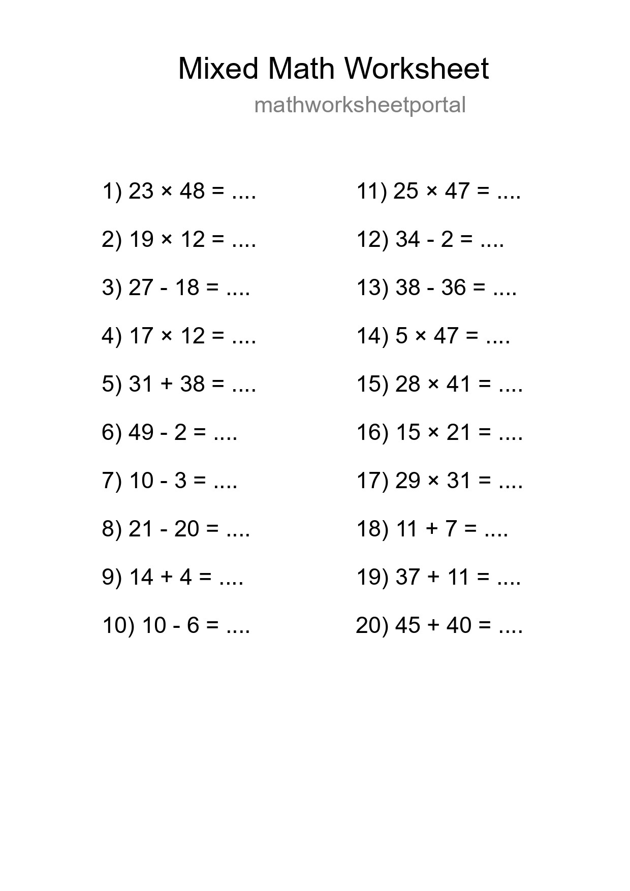 Mixed Operations Math Worksheet