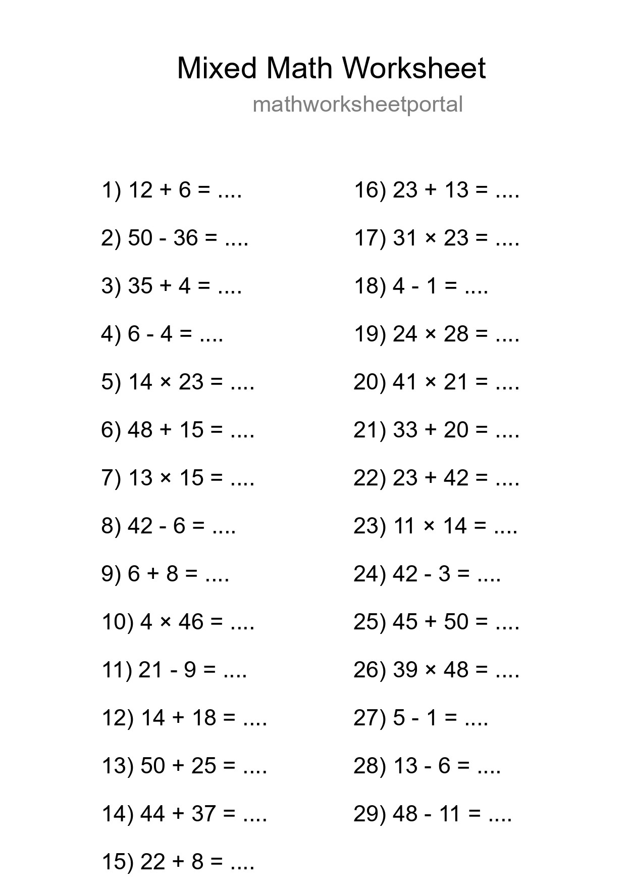 Mixed Operations Math Worksheet