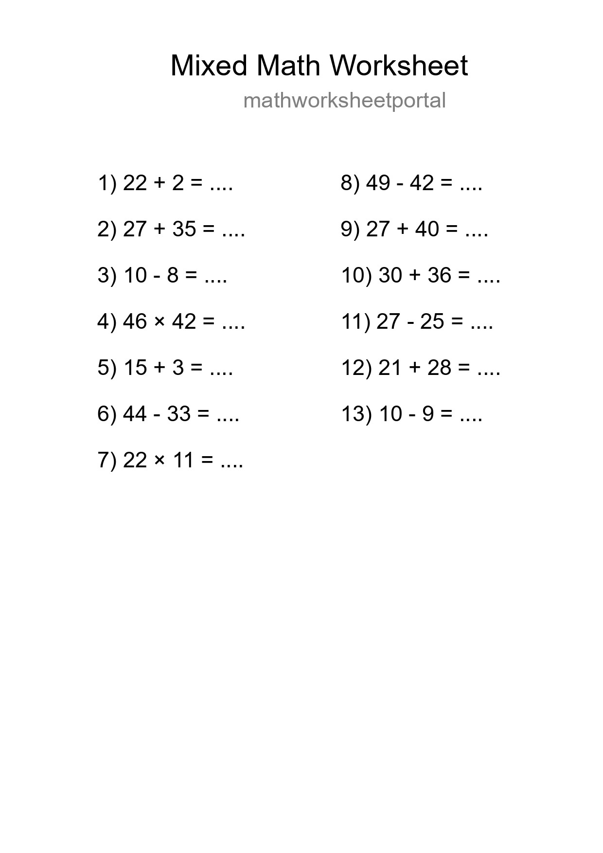 Mixed Operations Math Worksheet