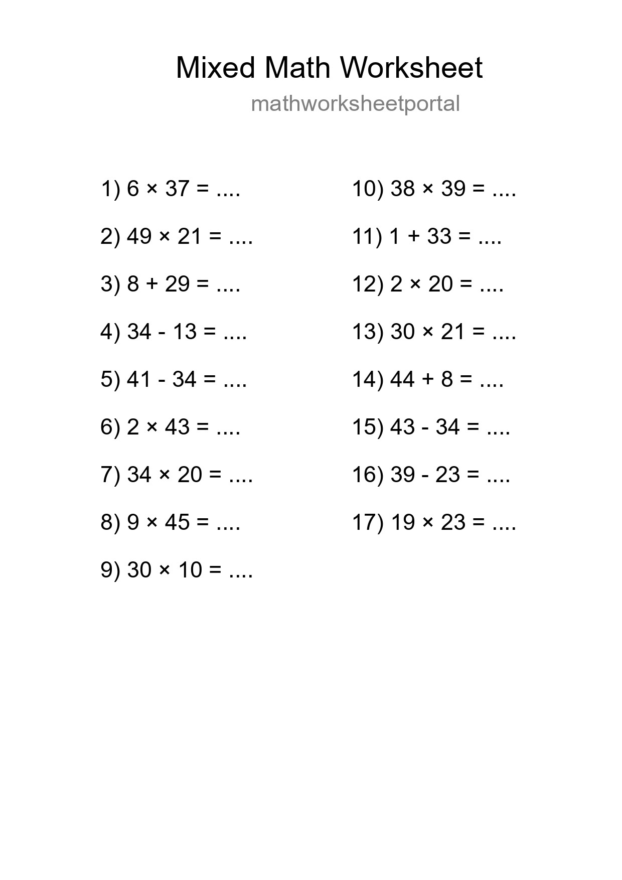 Mixed Operations Math Worksheet