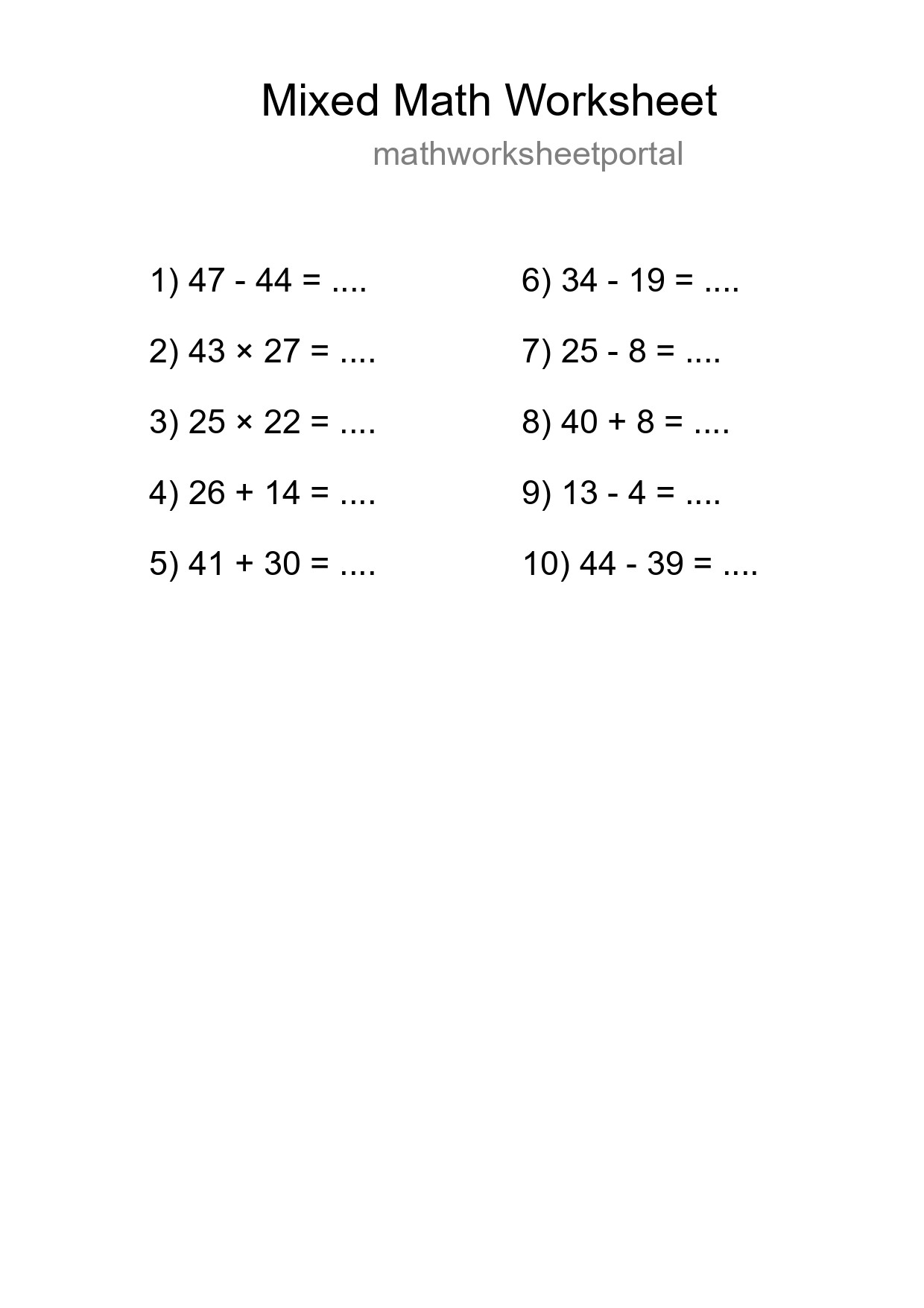 Mixed Operations Math Worksheet