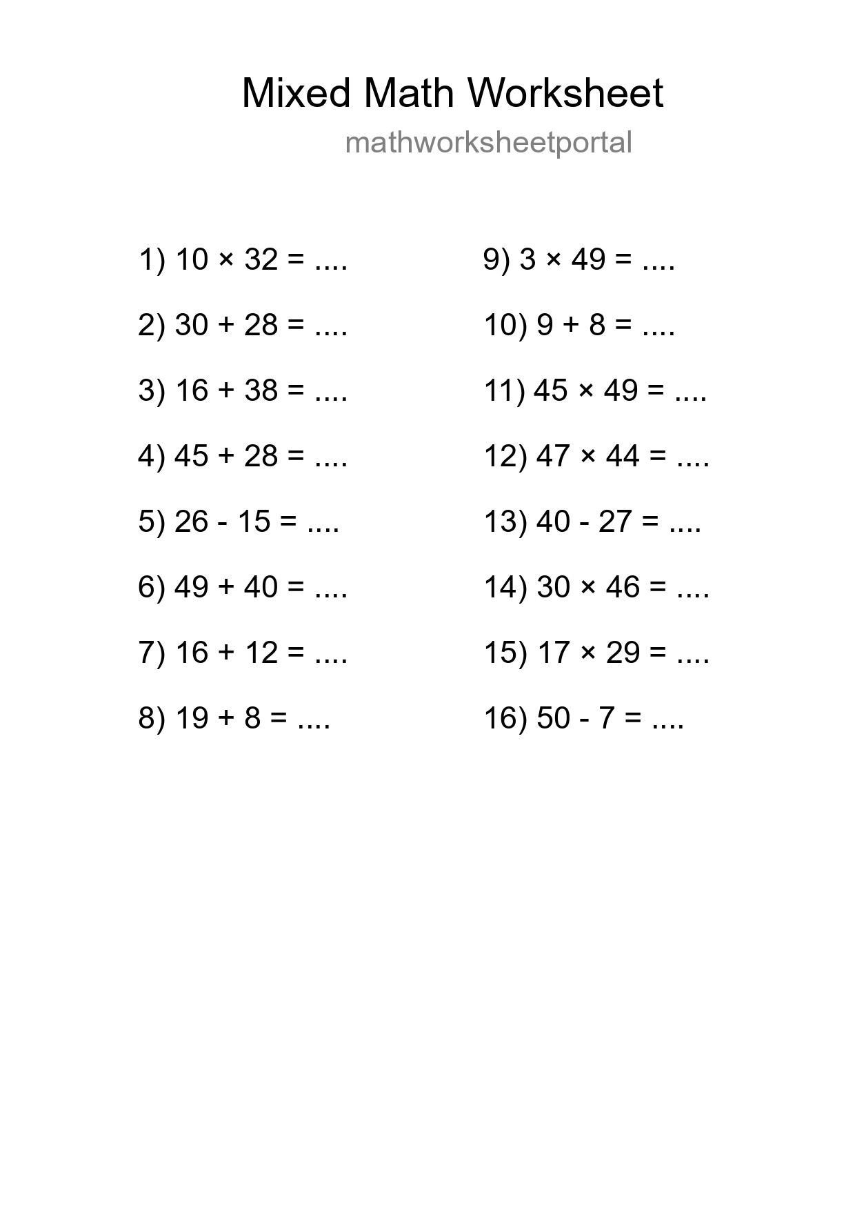 Mixed Operations Math Worksheet