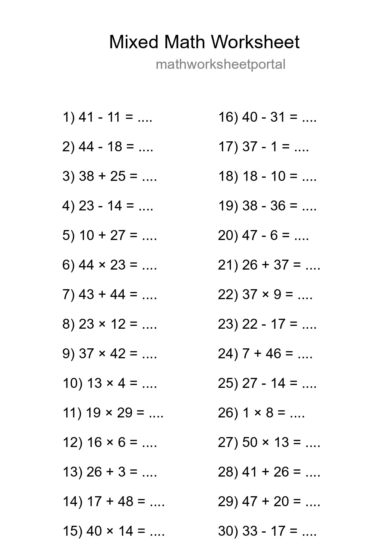 Mixed Operations Math Worksheet