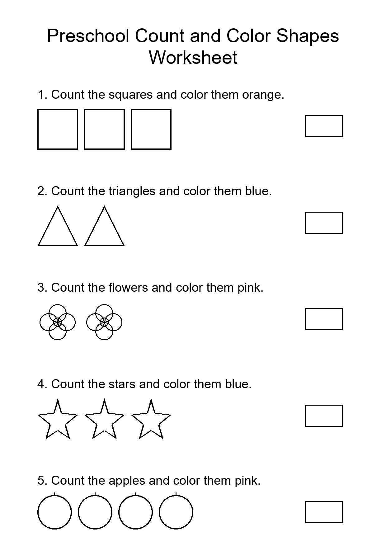 Preschool Count and Color Shapes Worksheet