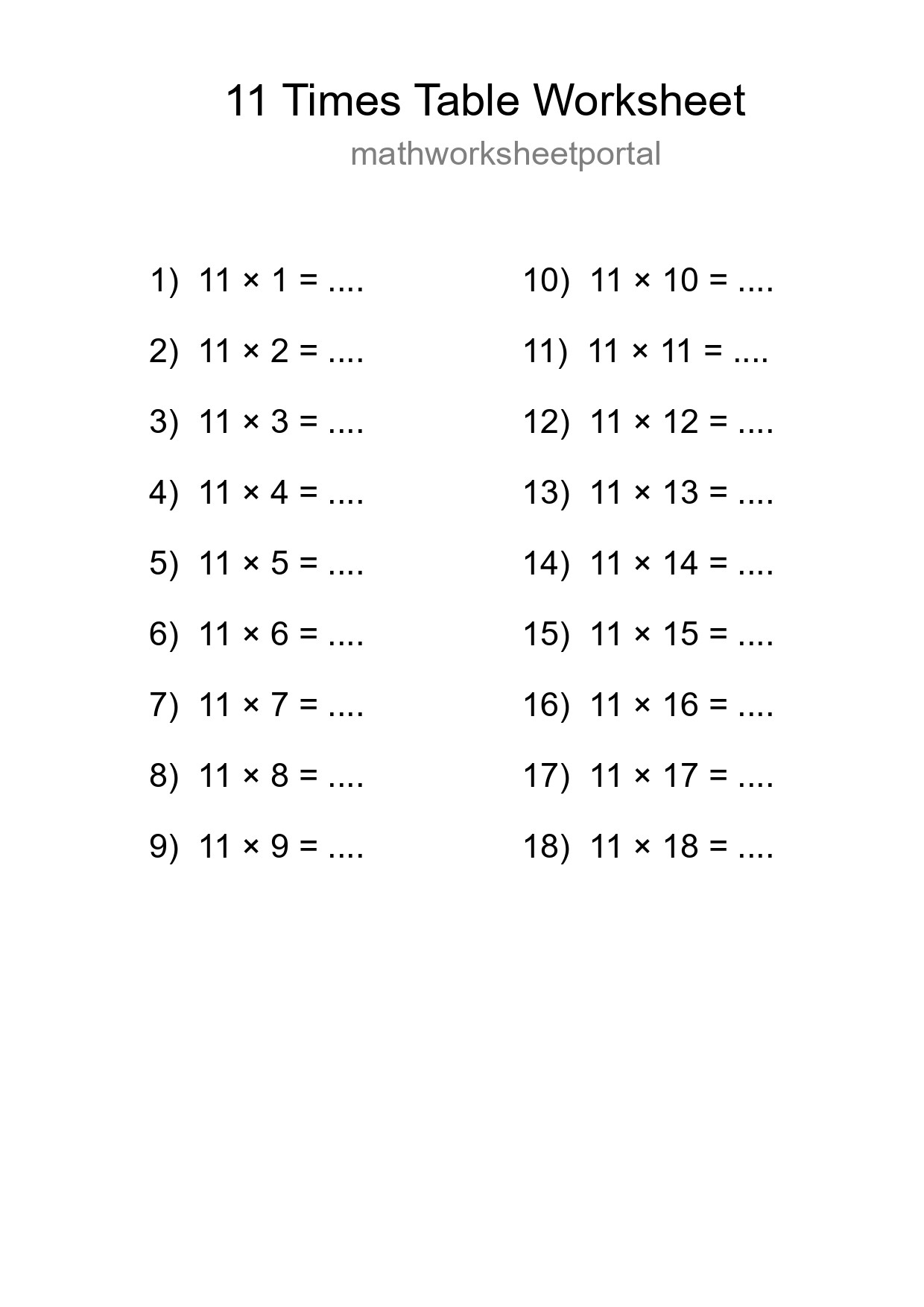 Printable 11 Times Table Worksheet For Grade 4 - Part 279