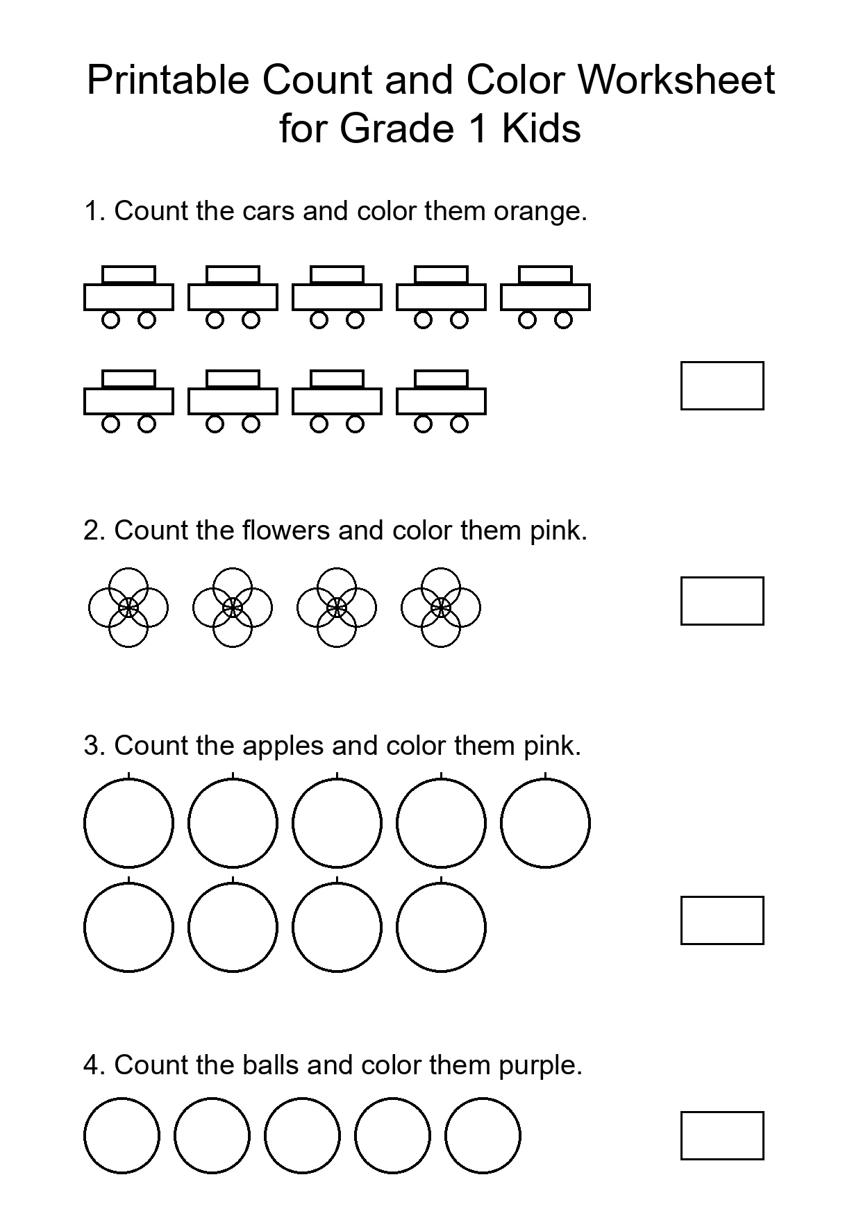 Printable Count and Color Worksheet for Grade 1 Kids