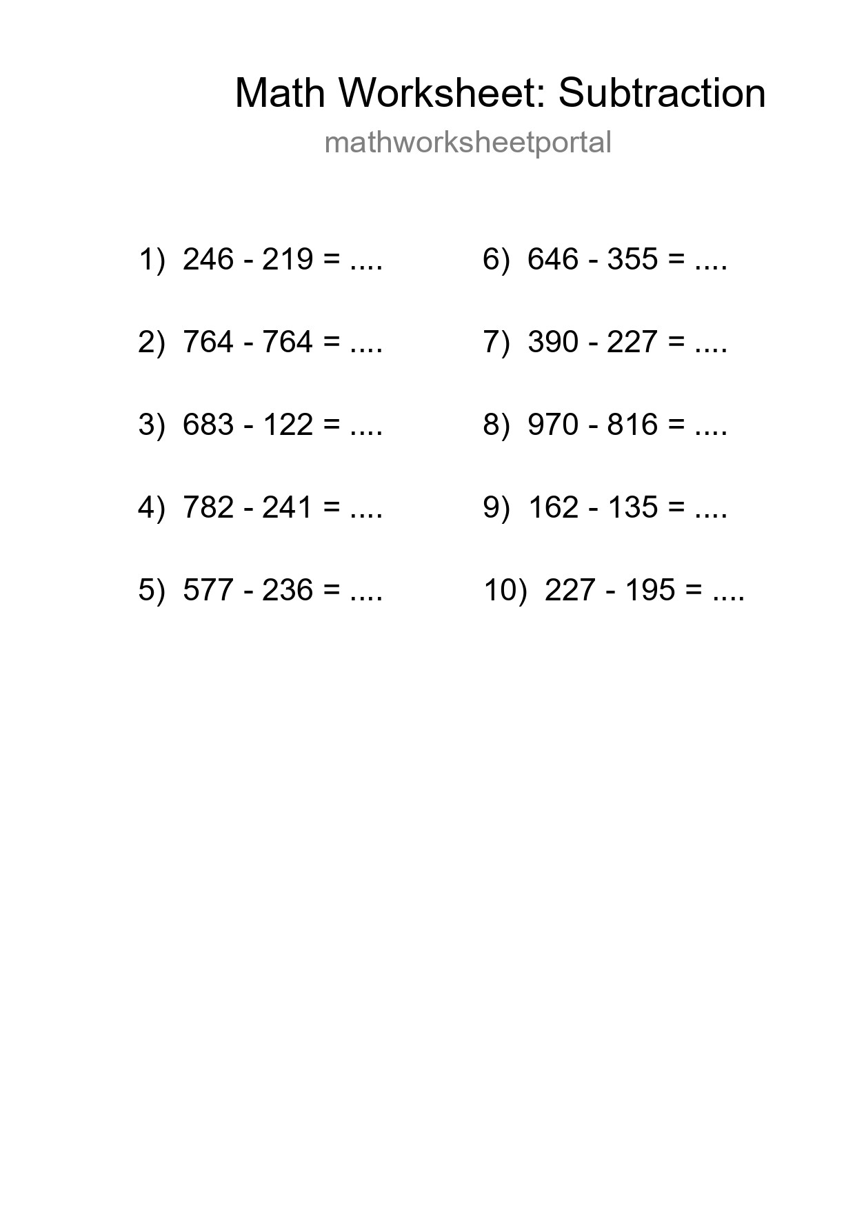 Printable Free 10 Subtraction Math Worksheet For Grade 5 - Part 148