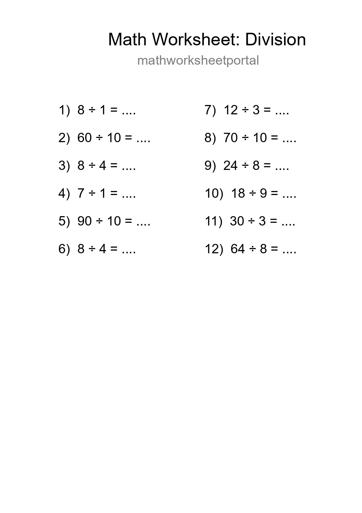 Printable Free 12 Division Math Worksheet For Grade 1 - Part 174