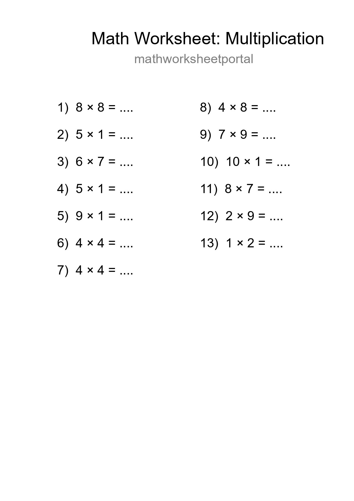 Printable Free 13 Multiplication Math Worksheet For Grade 1 - Part 7