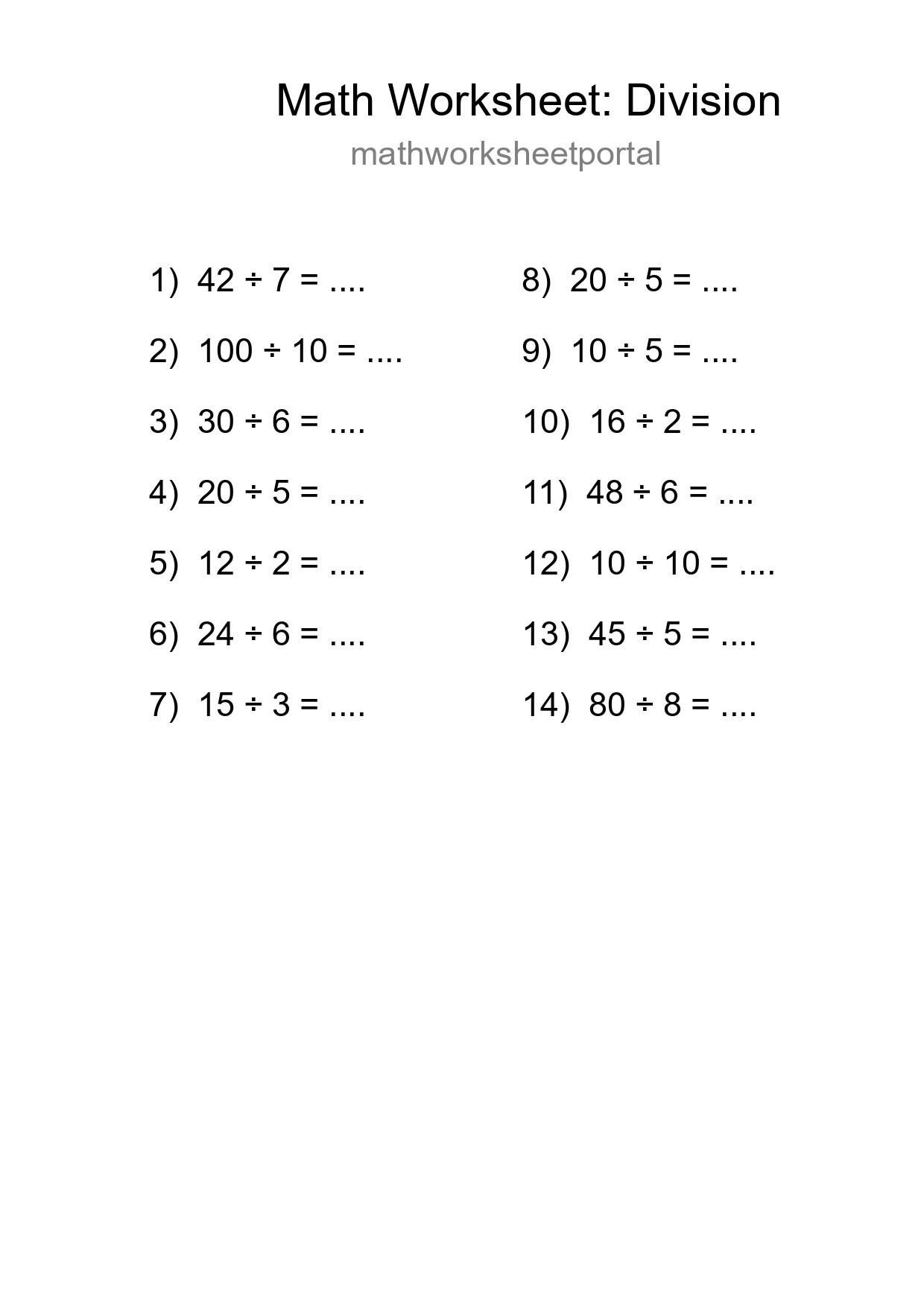 Printable Free 14 Division Math Worksheet For Grade 1 - Part 34