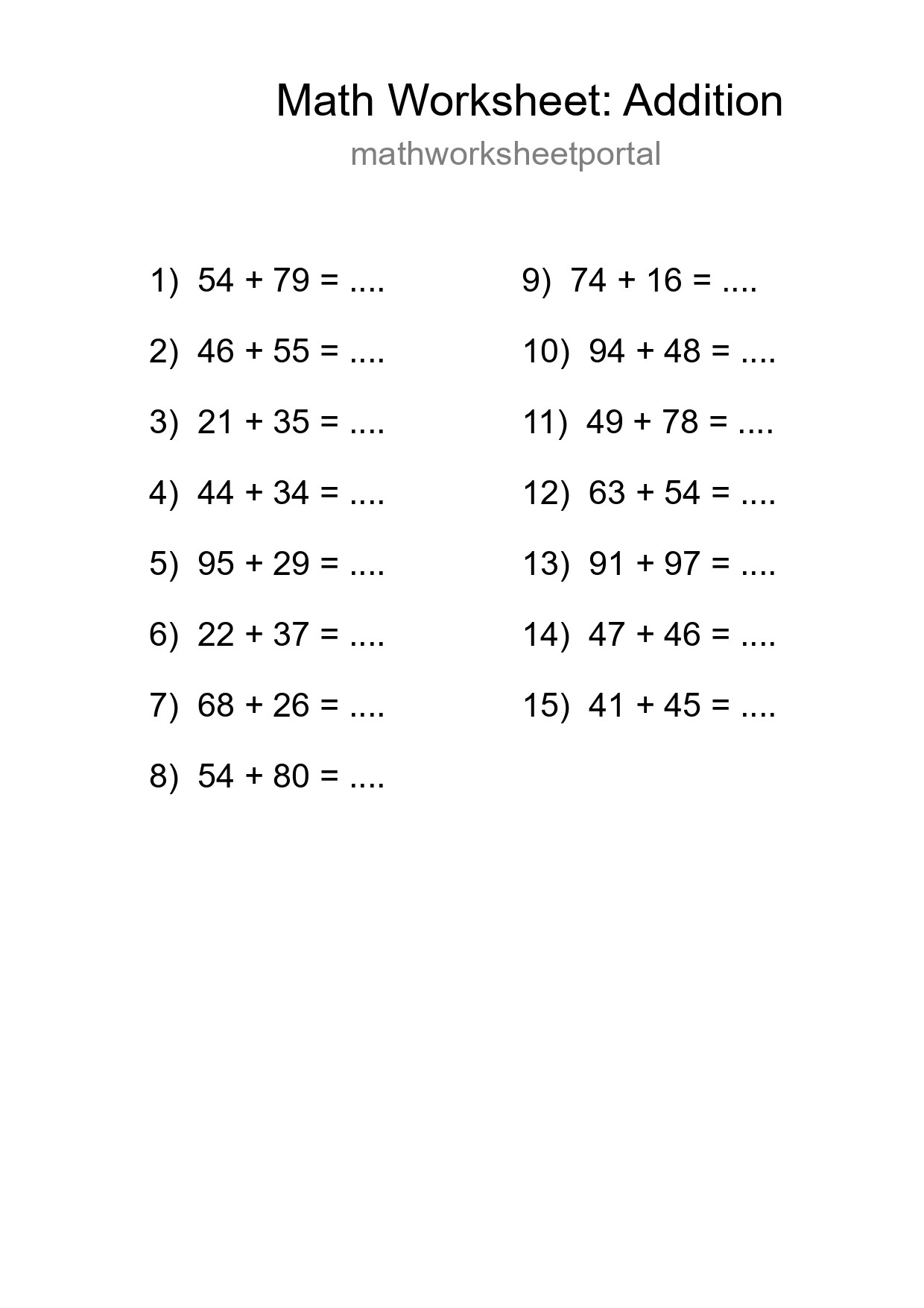 Printable Free 15 Addition Math Worksheet For Grade 3 - Part 141