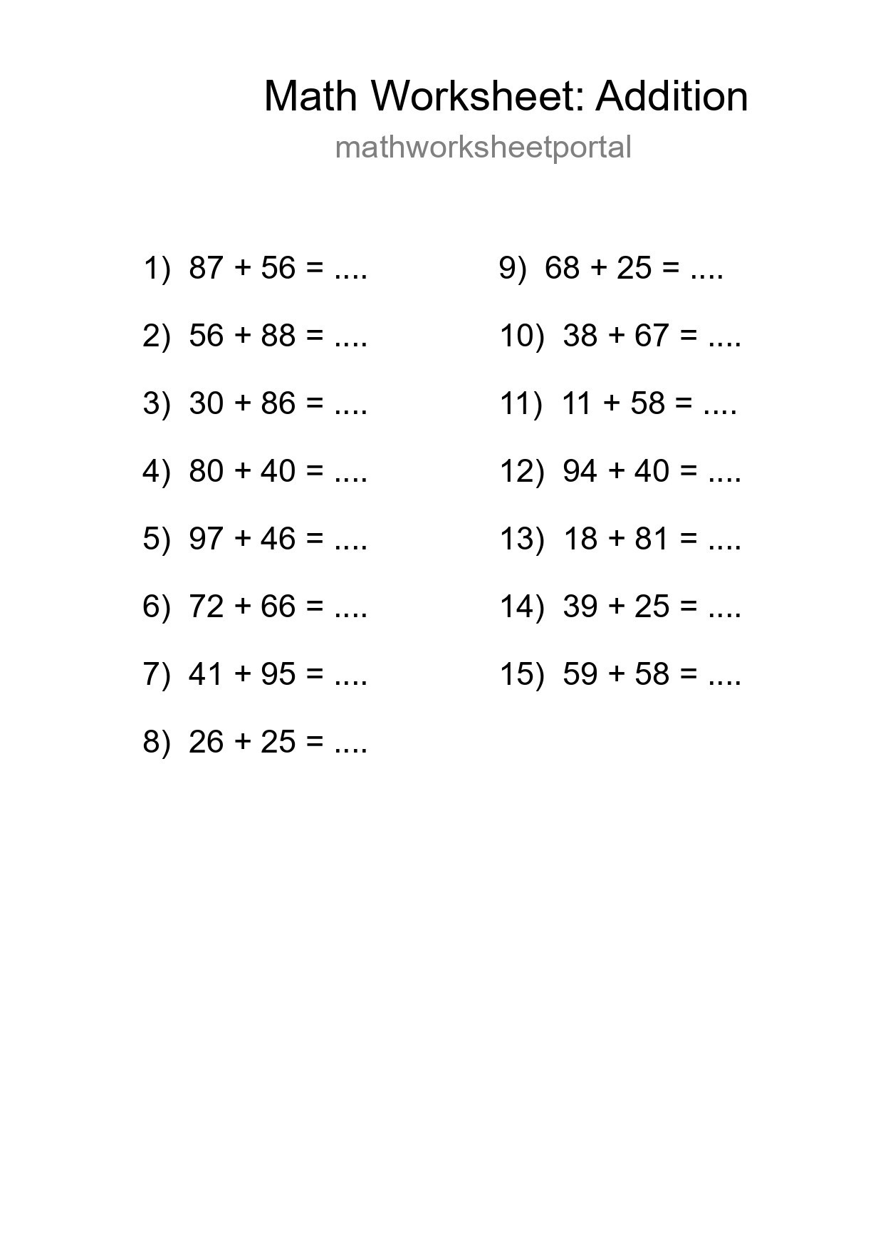 Printable Free 15 Addition Math Worksheet For Grade 3 - Part 201
