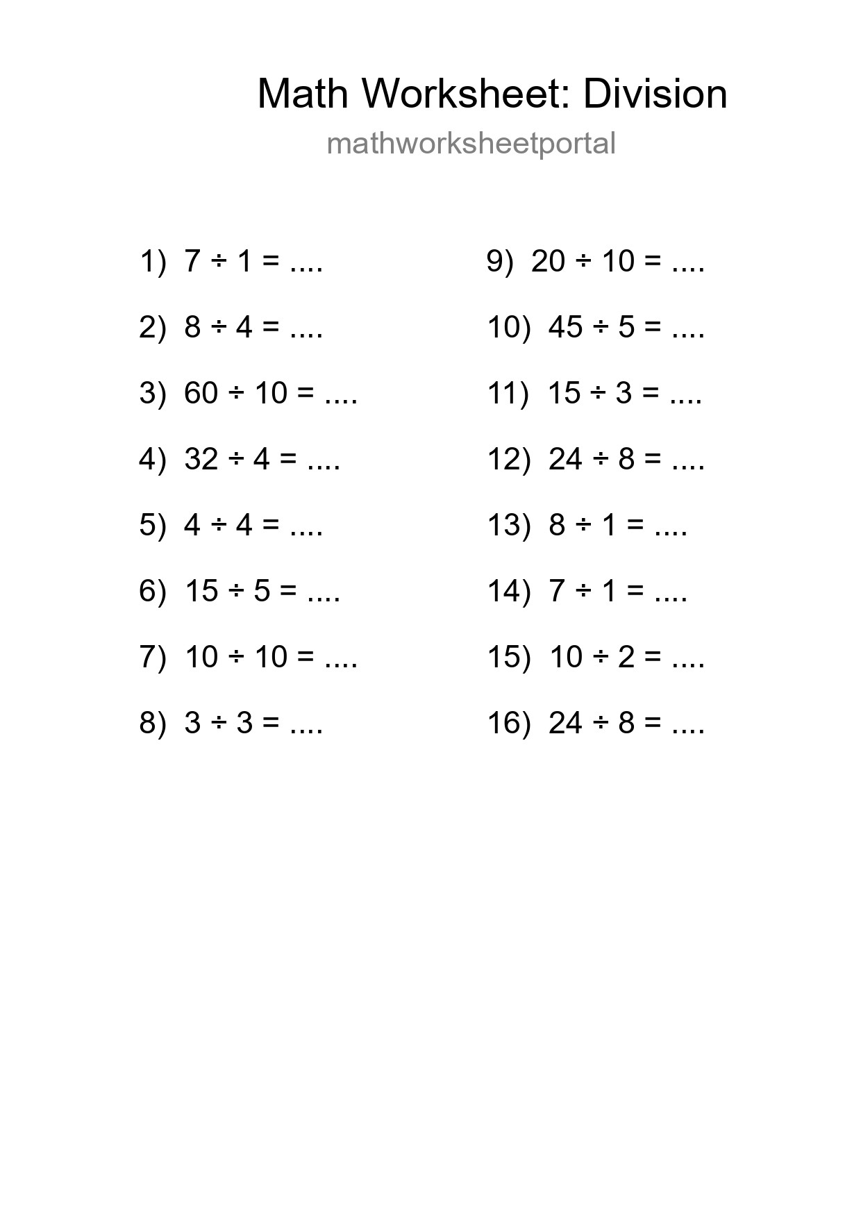 Printable Free 16 Division Math Worksheet For Grade 1 - Part 84
