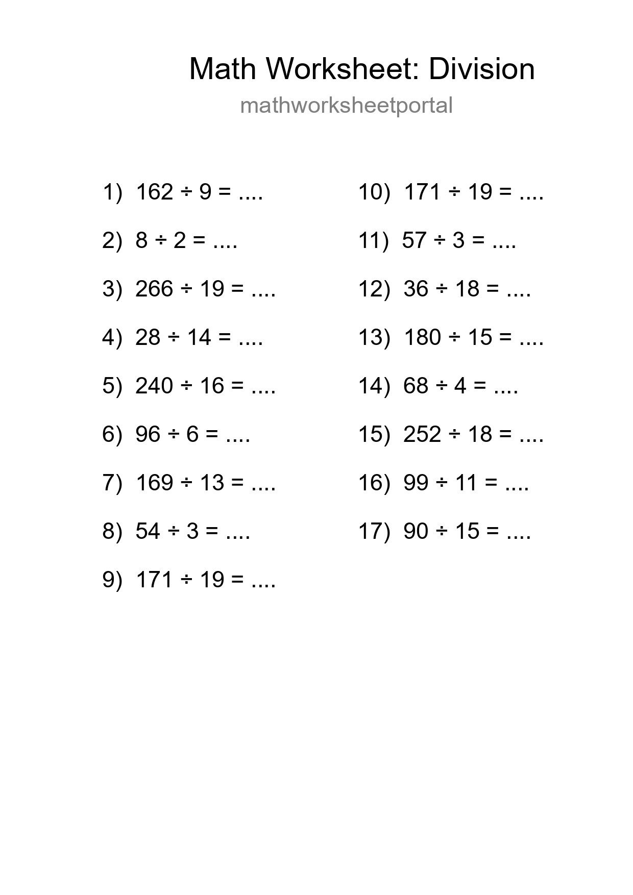 Printable Free 17 Division Math Worksheet For Grade 2 - Part 224
