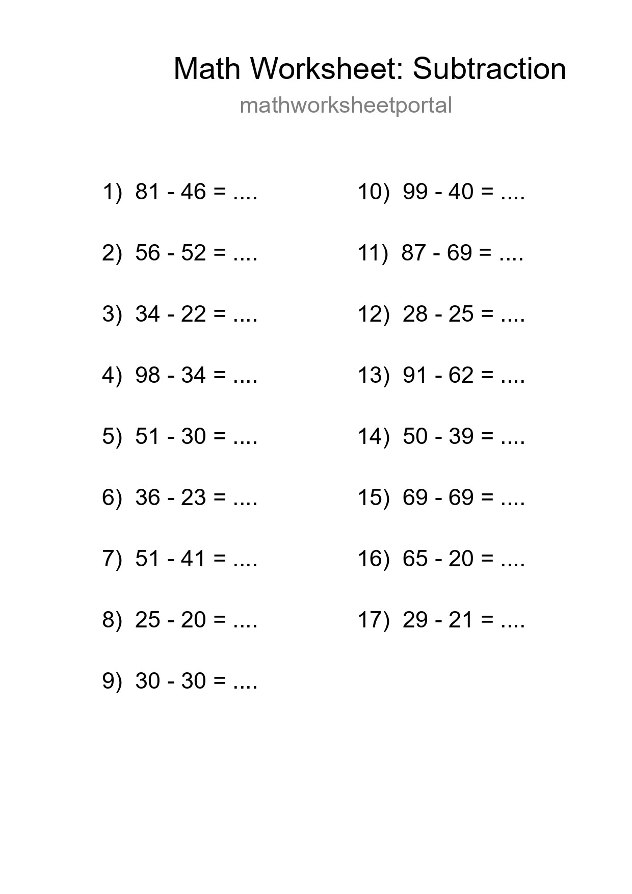 Printable Free 17 Subtraction Math Worksheet For Grade 3 - Part 158