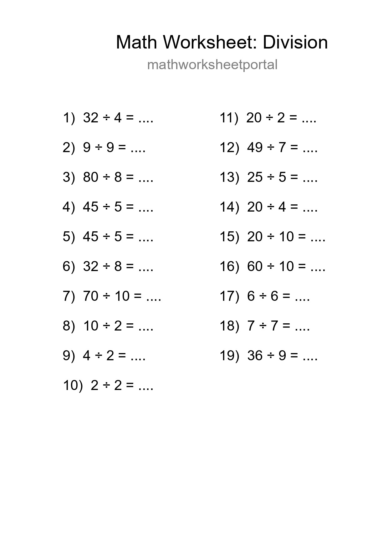 Printable Free 19 Division Math Worksheet For Grade 1 - Part 214