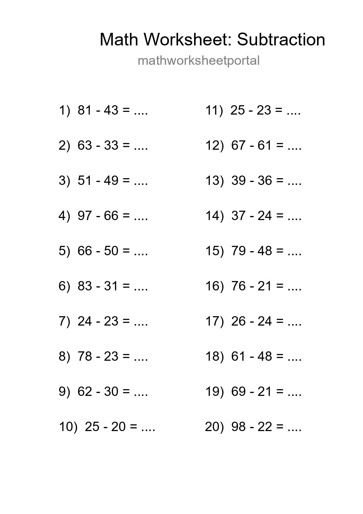 Printable Free 20 Subtraction Math Worksheet For Grade 3 - Part 48