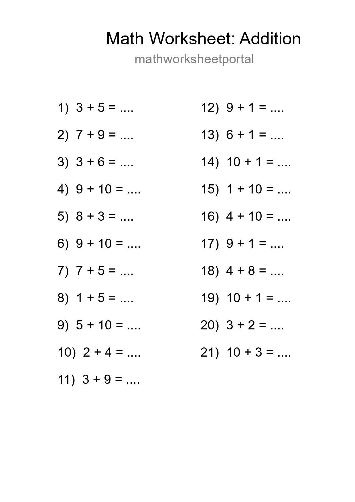 Printable Free 21 Addition Math Worksheet For Grade 1 - Part 91