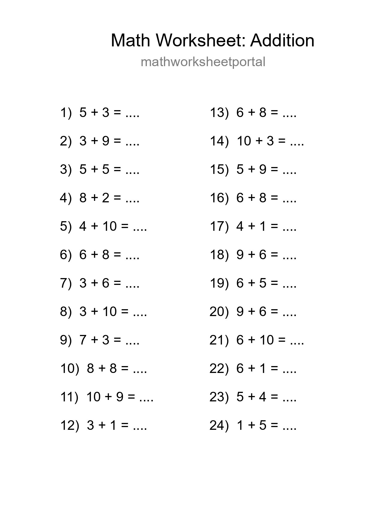 Printable Free 24 Addition Math Worksheet For Grade 1 - Part 101