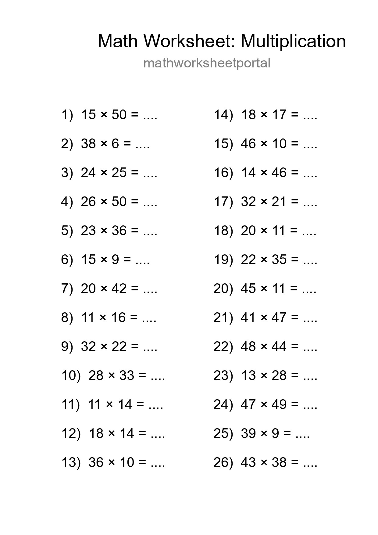 Printable Free 26 Multiplication Math Worksheet For Grade 2 - Part 277