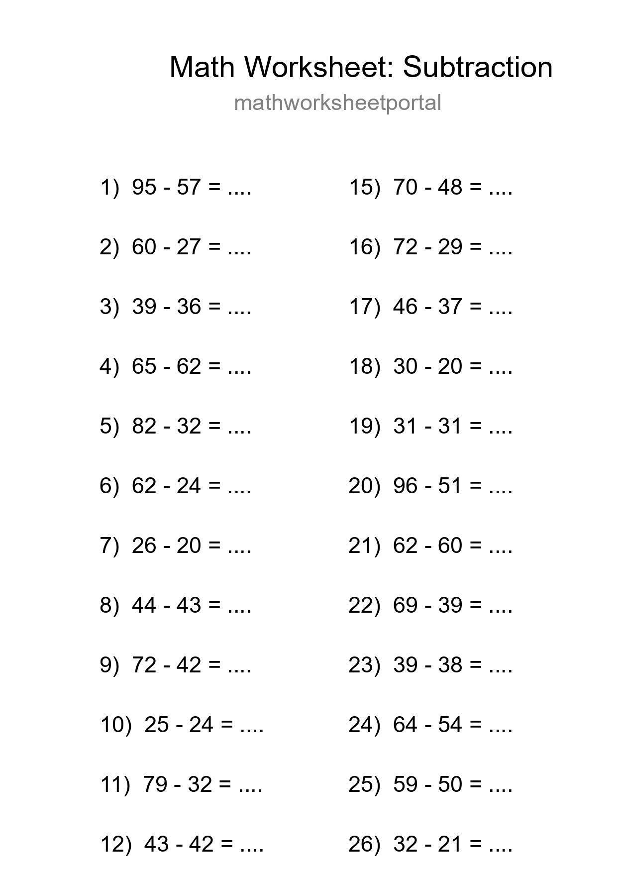 Printable Free 28 Subtraction Math Worksheet For Grade 3 - Part 228