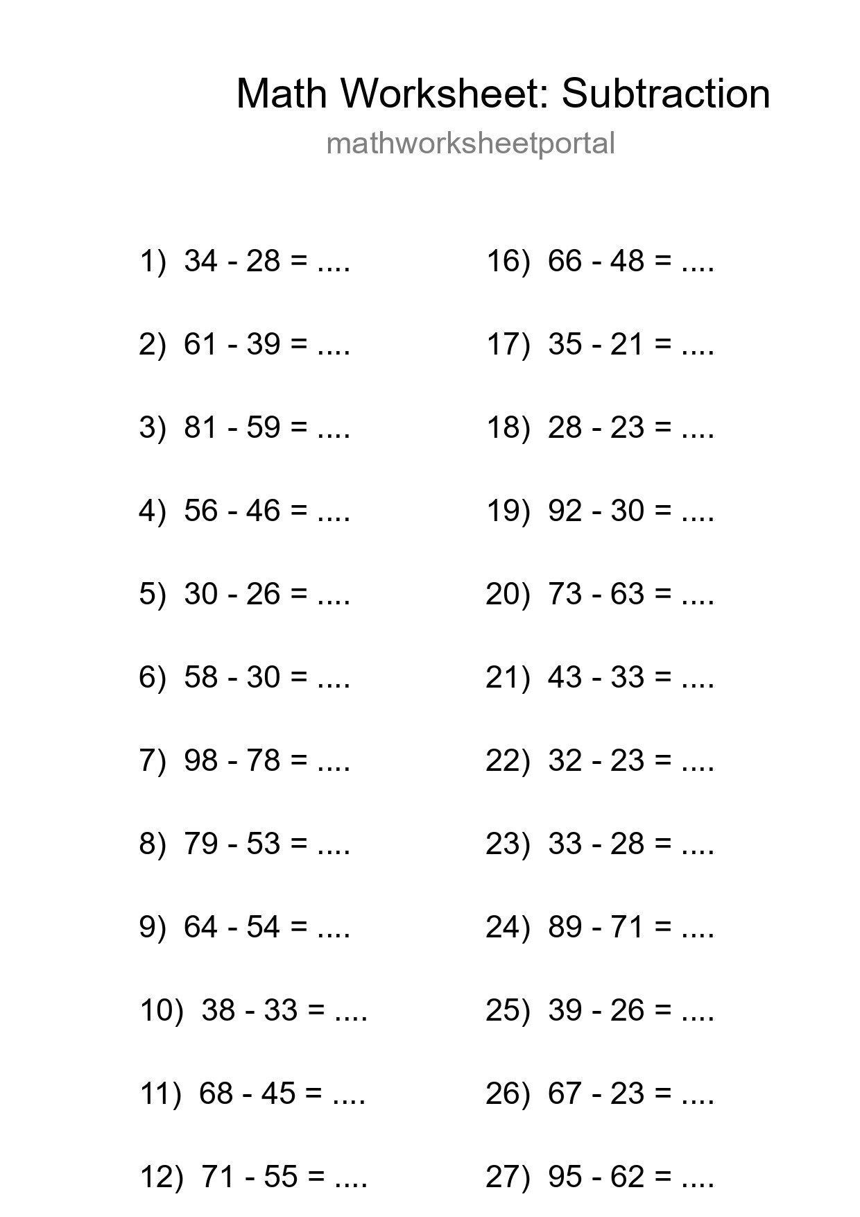 Printable Free 29 Subtraction Math Worksheet For Grade 3 - Part 78